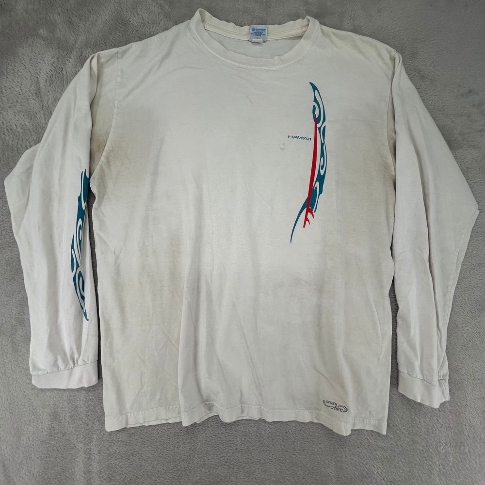 Crazy Shirts Mens Large White Long Sleeve Graphic T-Shirt Preowned Stains Hawaii
